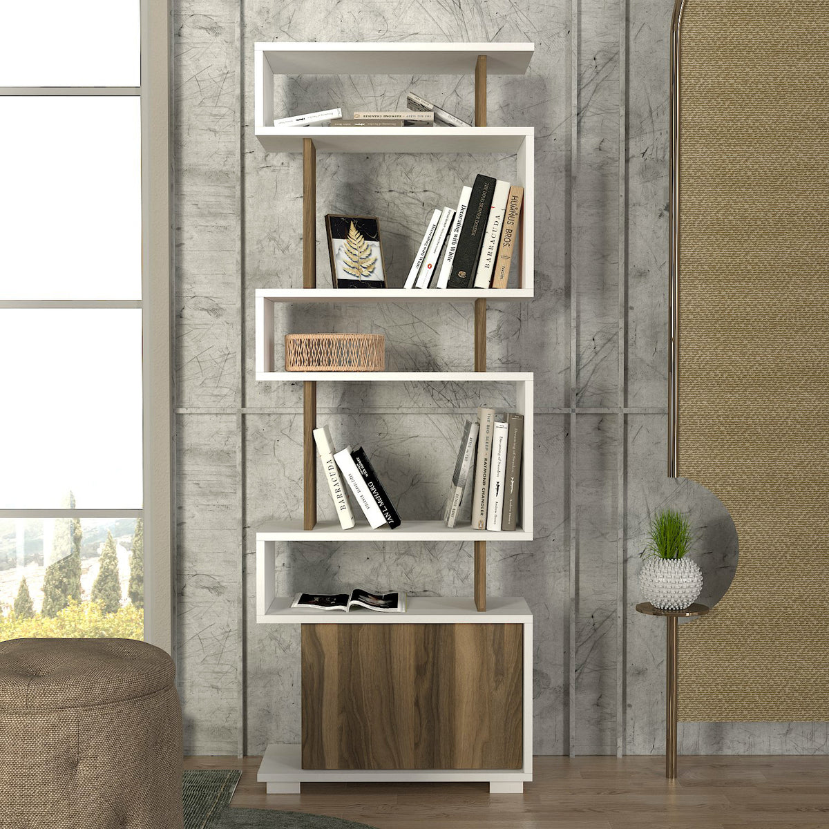 Deniro Bookcase White - Walnut