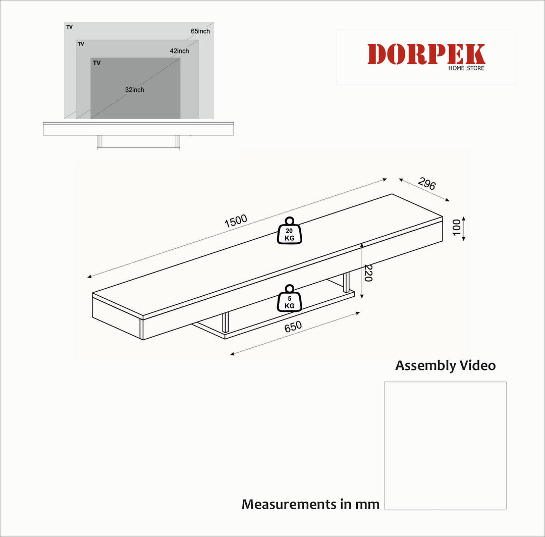 Mellus Wall Tv Stand, White Wood for TVs up to 65 inches - 150cm