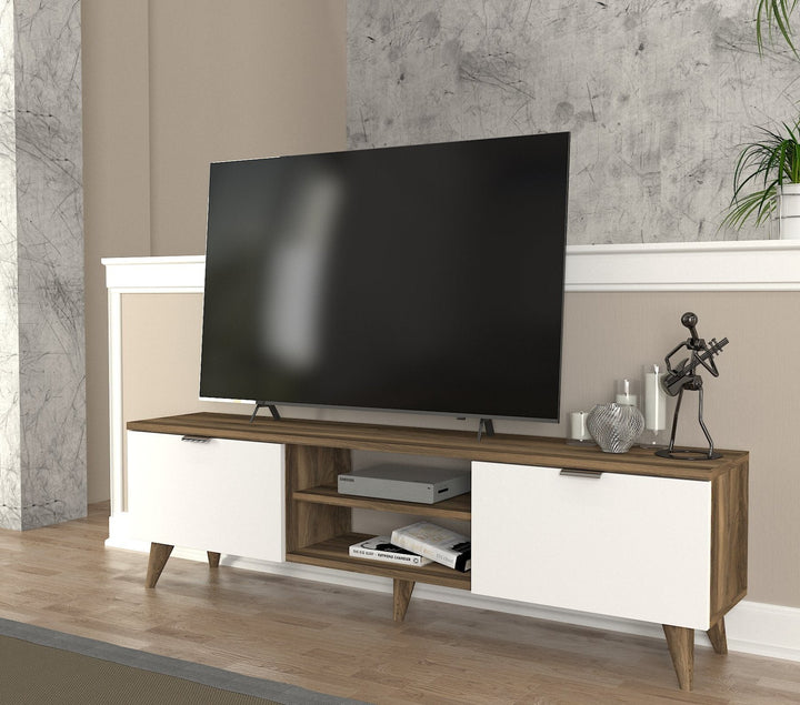 Troy Tv Stand, Walnut and White color Wood for TVs up to 65" - 150cm