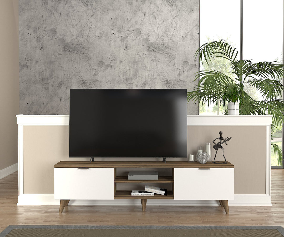 Troy Tv Stand, Walnut and White color Wood for TVs up to 65" - 150cm