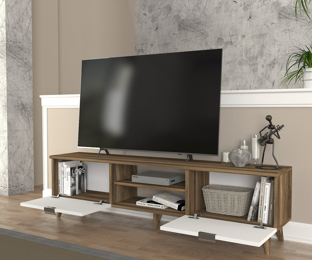 Troy Tv Stand, Walnut and White color Wood for TVs up to 65" - 150cm