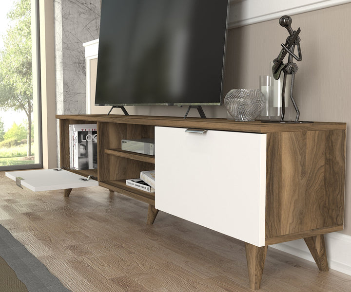 Troy Tv Stand, Walnut and White color Wood for TVs up to 65" - 150cm