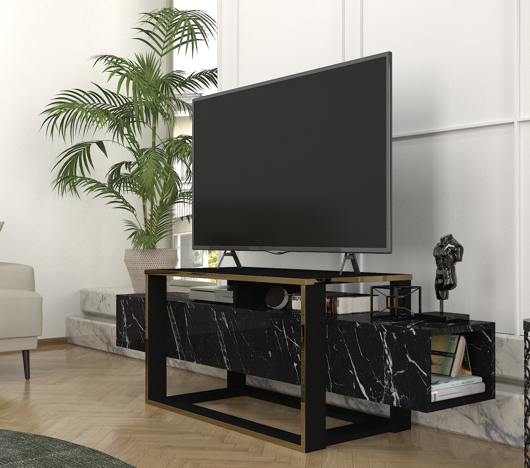 Truro Tv Stand, Blackmarble and Black Wood for TVs up to 70" - 160cm