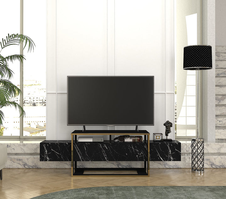 Truro Tv Stand, Blackmarble and Black Wood for TVs up to 70" - 160cm