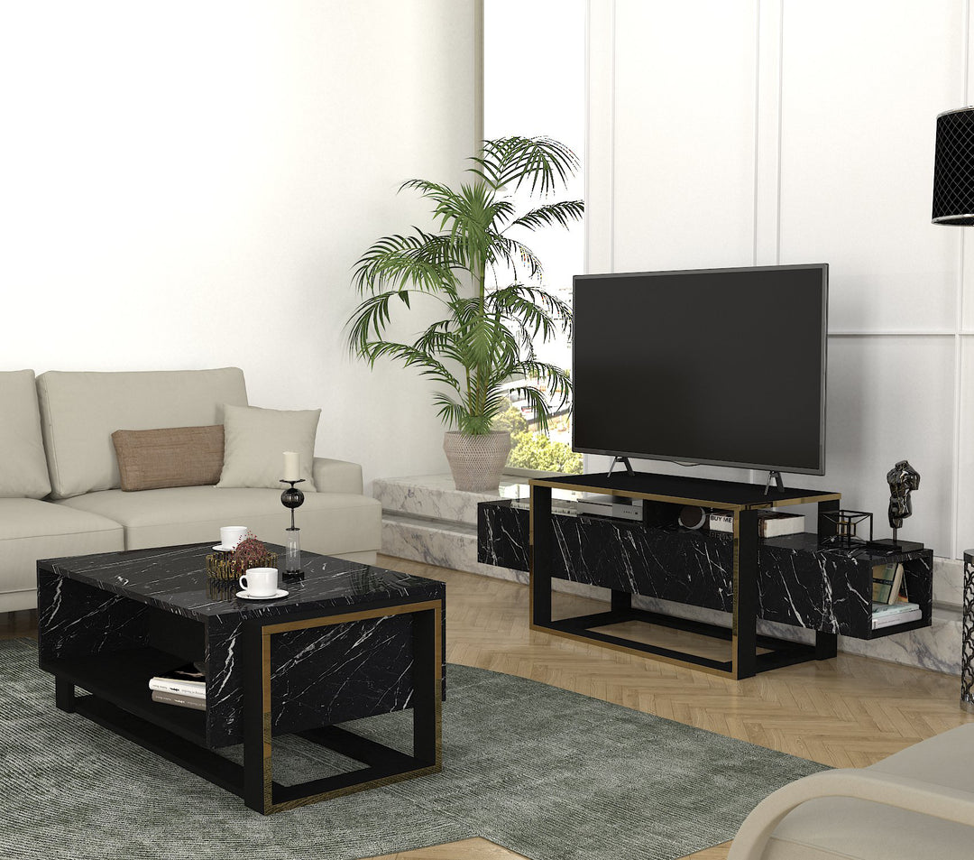 Truro Tv Stand, Blackmarble and Black Wood for TVs up to 70" - 160cm